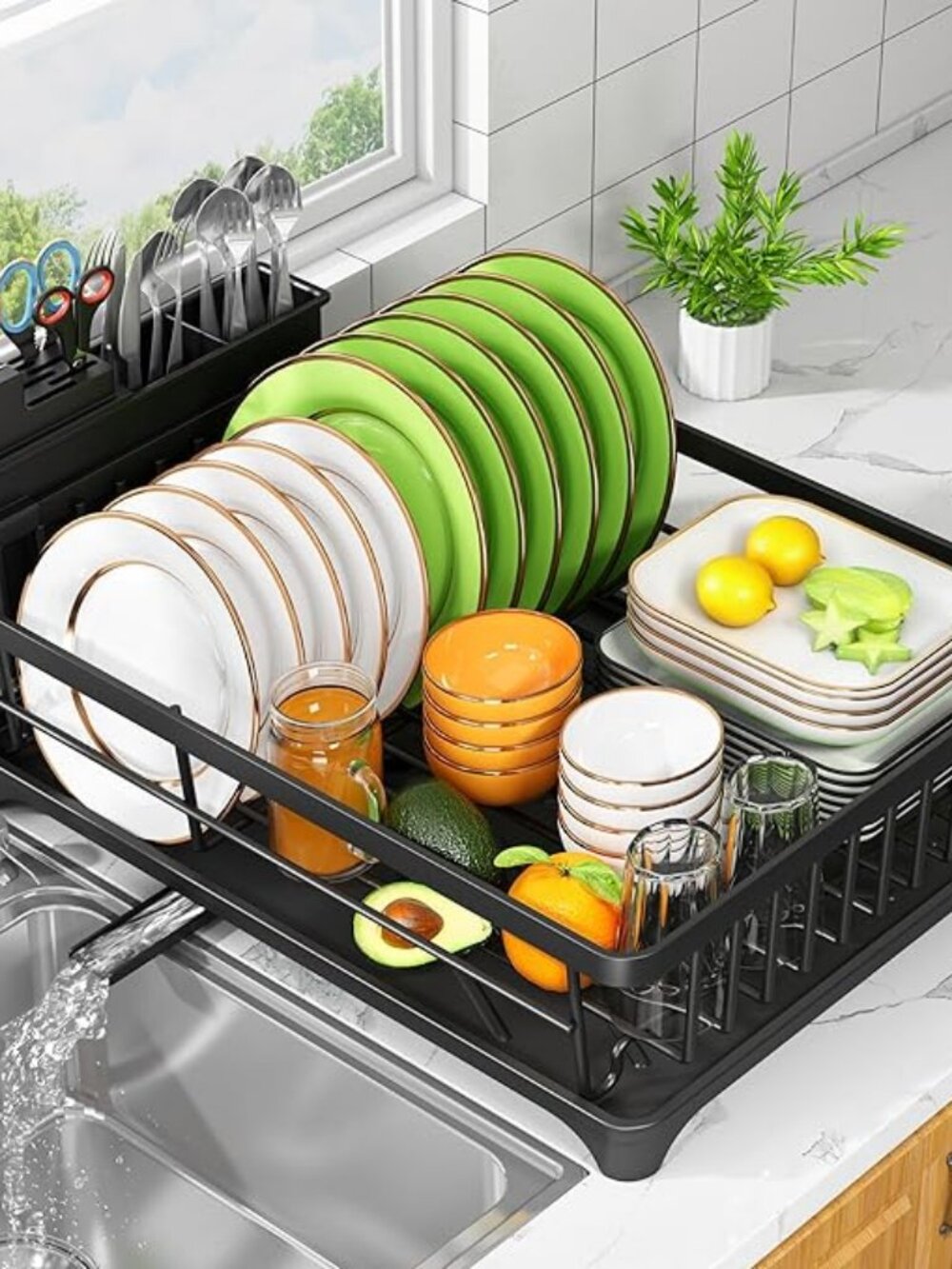 Compact Dish Drying Rack with Utensil Holder, Rust Resistant Organizer
